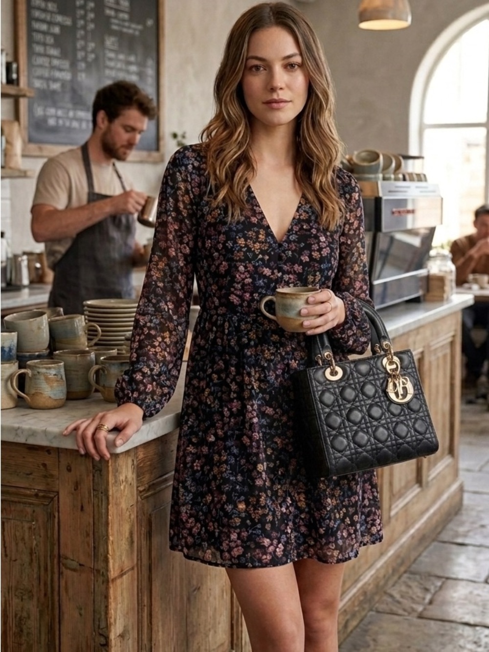 Abercrombie & Fitch Navy Floral V-Neck Long-Sleeve Mini Dress